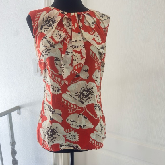 Tory Burch Orange and Cream Floral Blouse Sz 4 - Picture 1 of 8